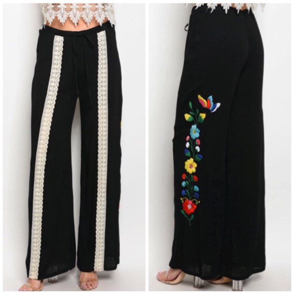 Pants - Black Wide Leg Floral Pants Pants - Black Wide Leg Floral Pants